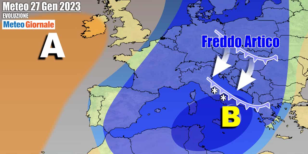 Scenario invernale sull'Italia, con neve a quote basse