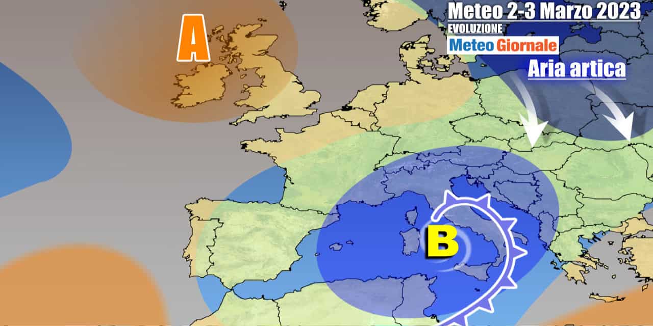 Area di bassa pressione attorno all'Italia, con ancora maltempo invernale