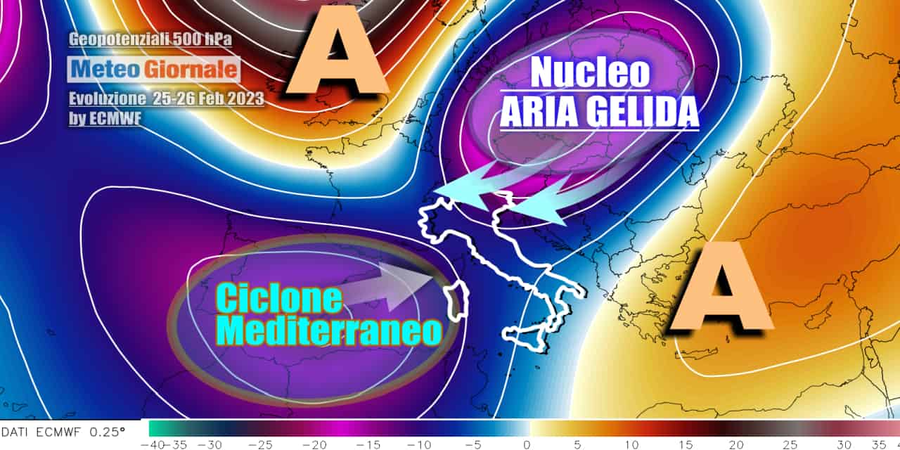 Maltempo invernale  pronto a scatenarsi per l'arrivo di un impulso freddo che interagirà con un vortice mediterraneo