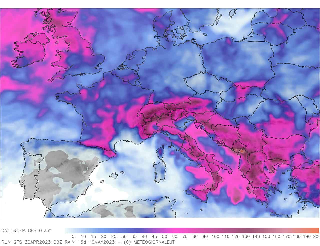 piogge previste 16 giorni gfs