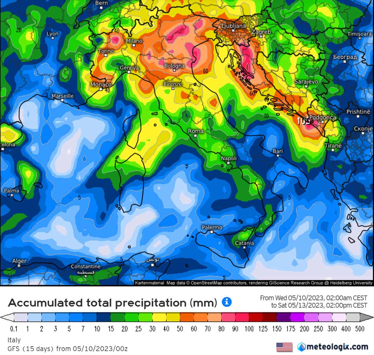 piogge previste 10 giorni gfs