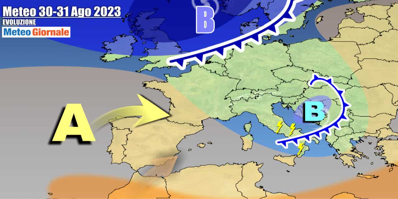 Circolazione ciclonica sull'Italia in movimento verso est