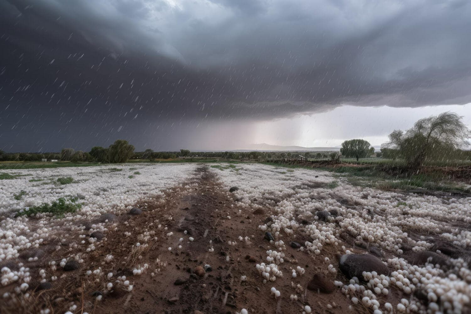 grandinata con vista della tempesta e delle sue conseguenze visibili sullo sfondo
