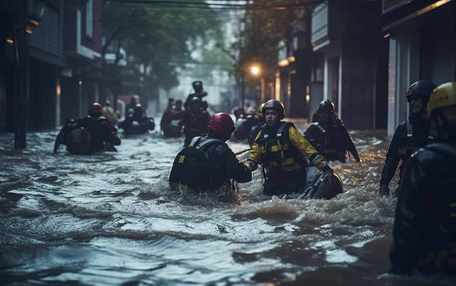 i soccorritori sulla strada allagata