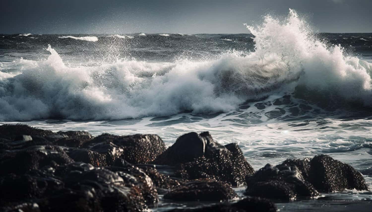 l onda che si infrange spruzza liquido che si schianta sulle rocce generate dall intelligenza artificiale