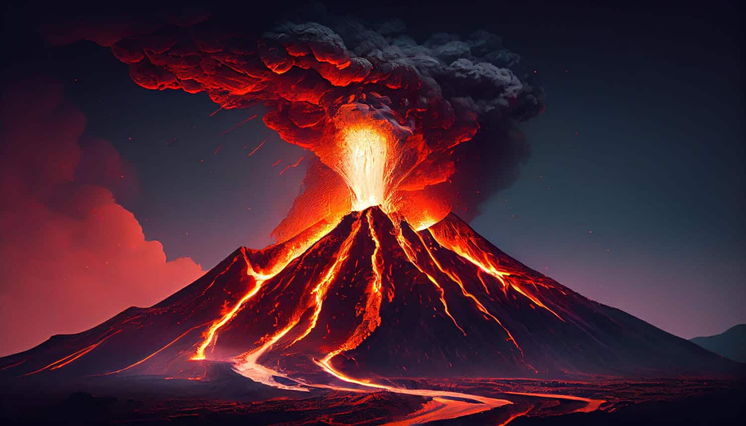 la montagna in eruzione vomita cenere infuocata nel cielo generata dall intelligenza artificiale