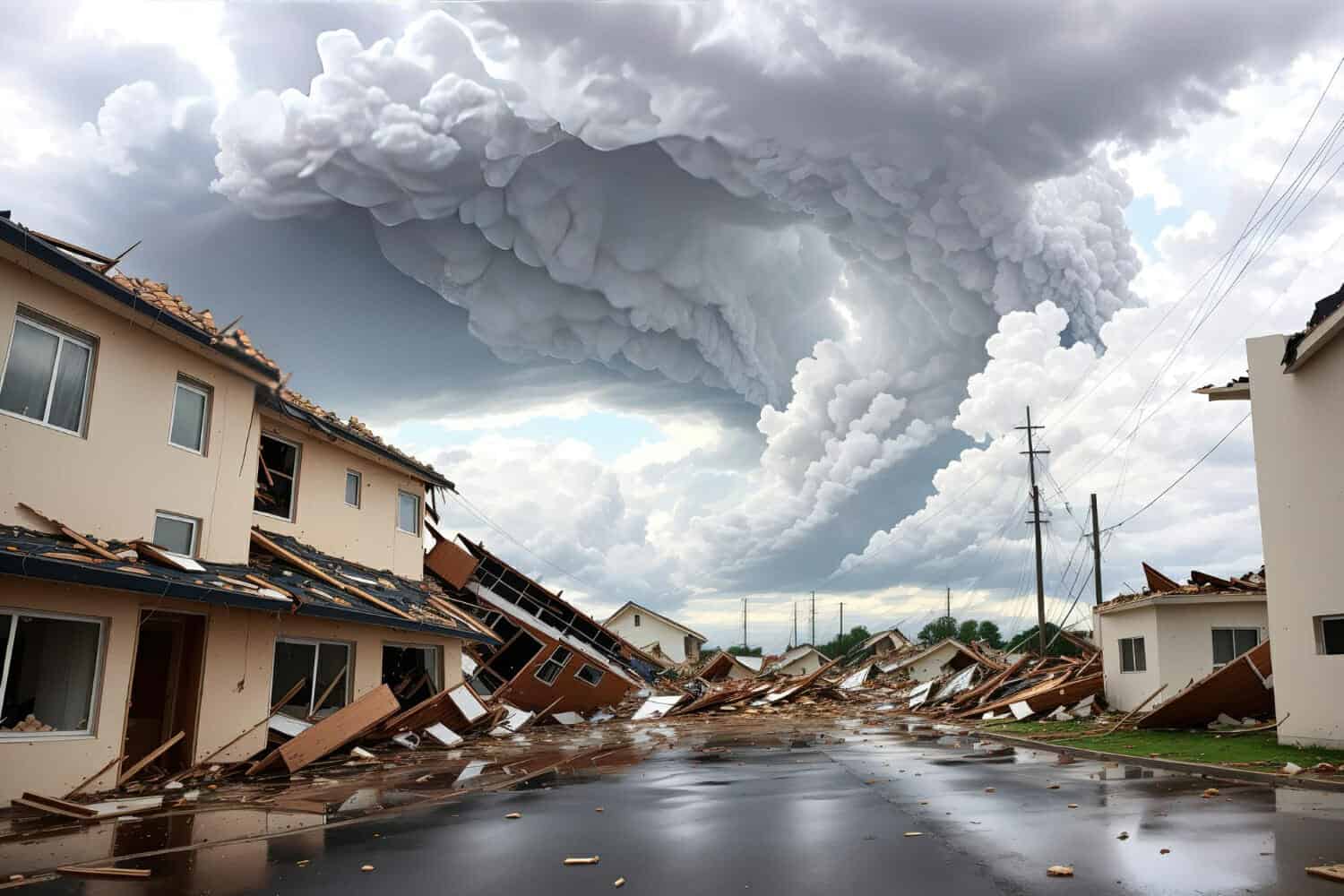 una casa e circondata da detriti e il cielo e coperto di nuvole