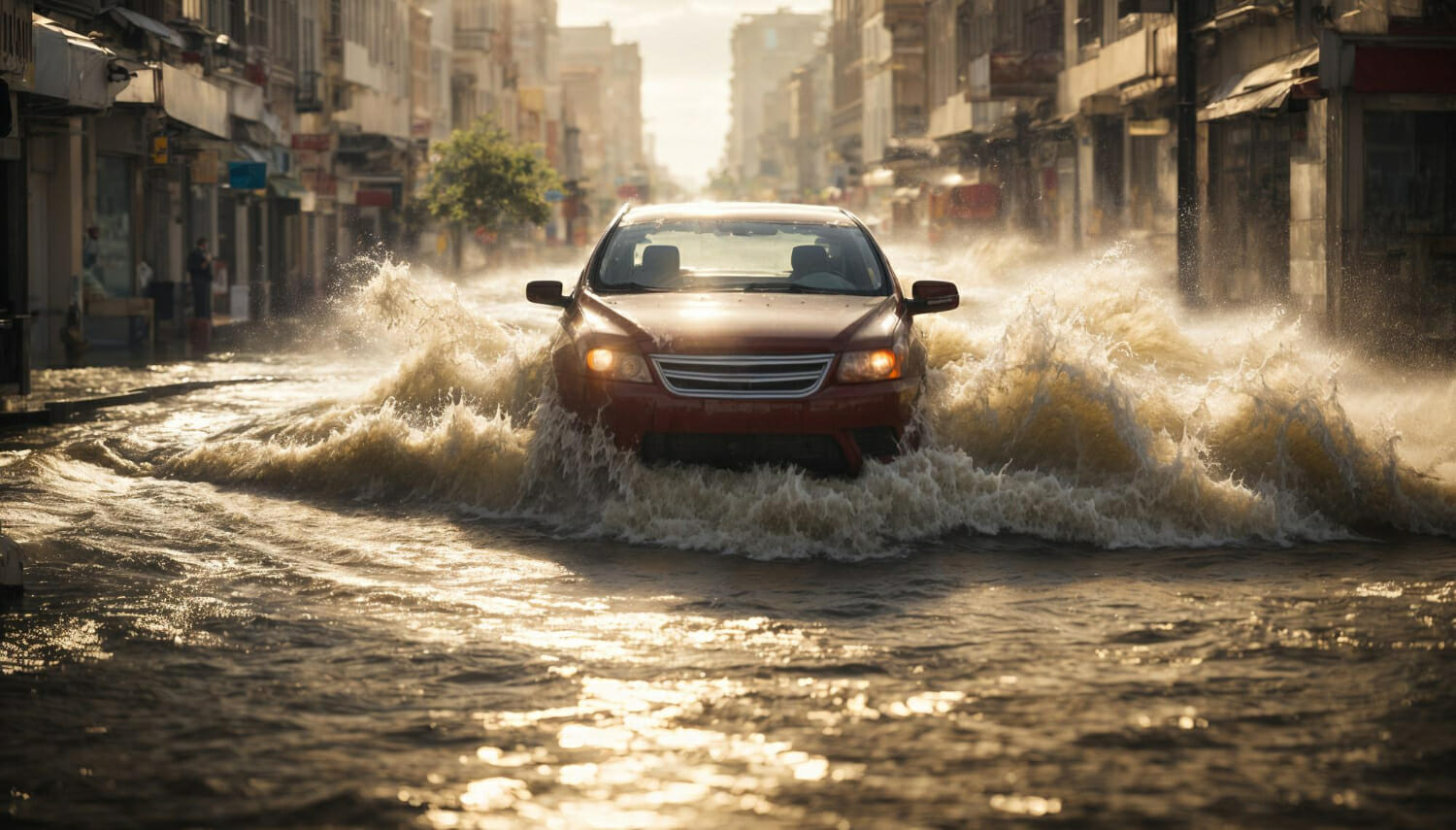 auto in una strada cittadina allagata 1