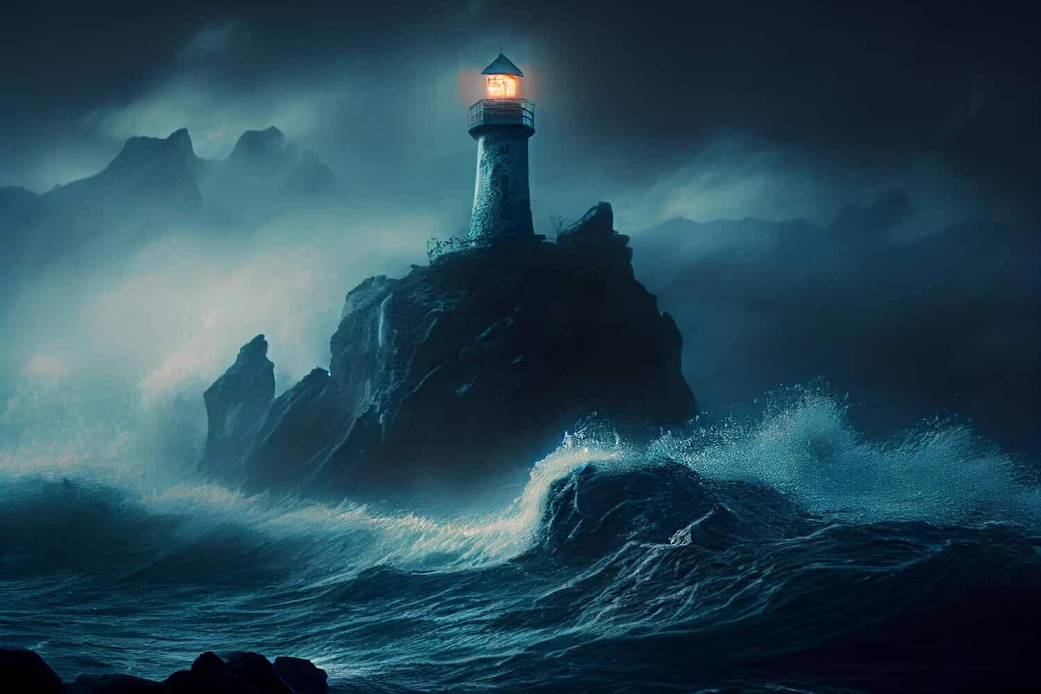 il faro si erge su una roccia attorno alla tempesta e alla notte 1