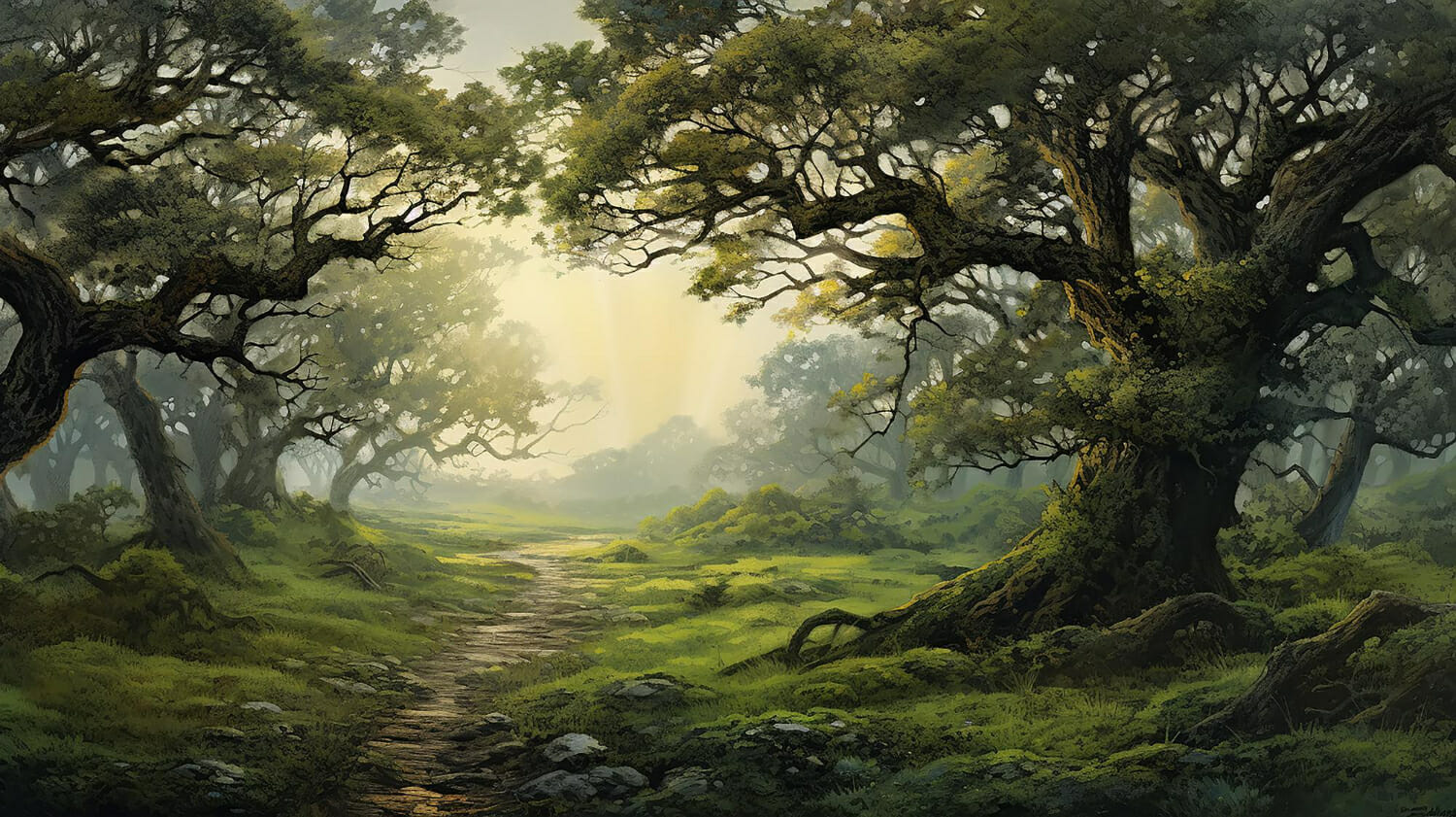 paesaggio enormi querce secolari nella palude pittura ad olio colori delicati dipinti su tela