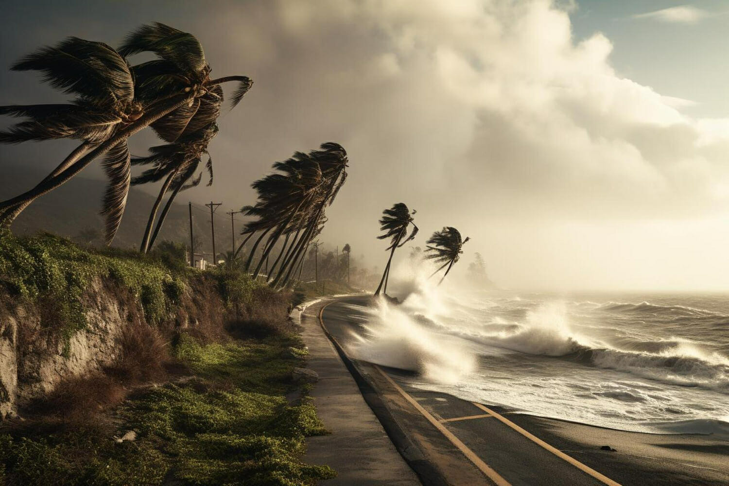 palme su una strada con una tempesta sullo sfondo