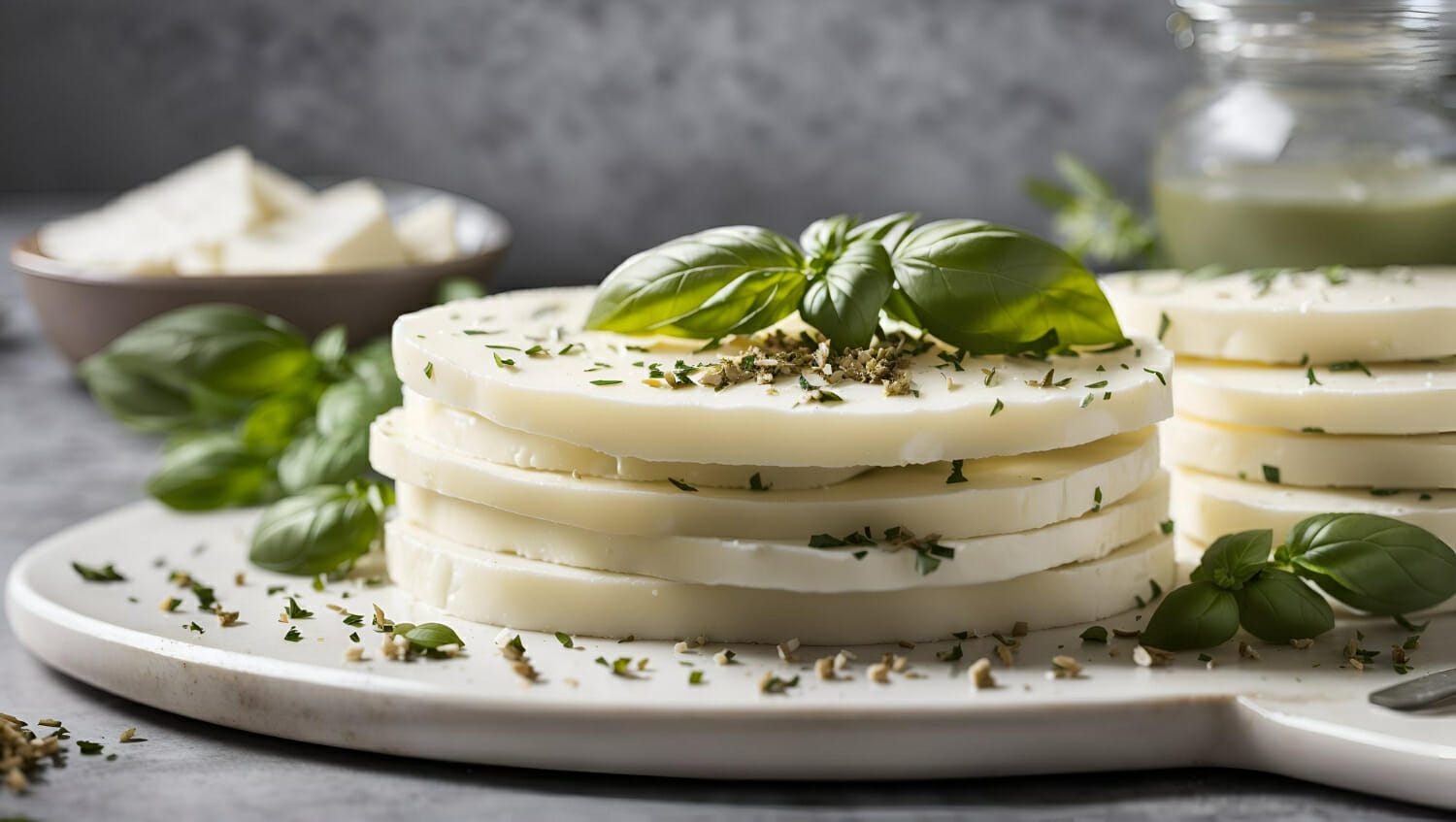 una pila di mozzarella appena affettata con una spolverata di origano e basilico