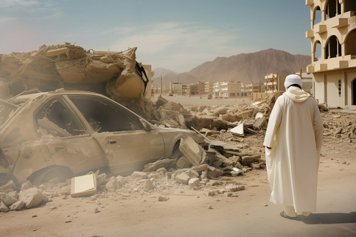 uomo marocchino davanti a un auto nella citta di marrakech dopo il terremoto