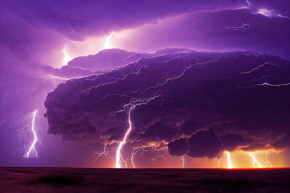 lightning bolts stormy clouds sky field landscape extreme weather nature