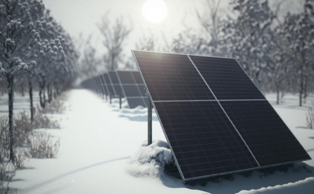 un pannello solare in un campo invernale con il sole che splende su di esso energia alternativa ai generata
