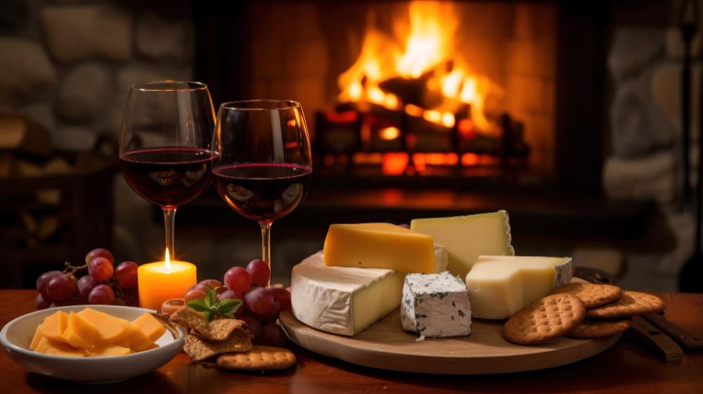 un piatto di formaggio e vino presentati davanti a un fuoco