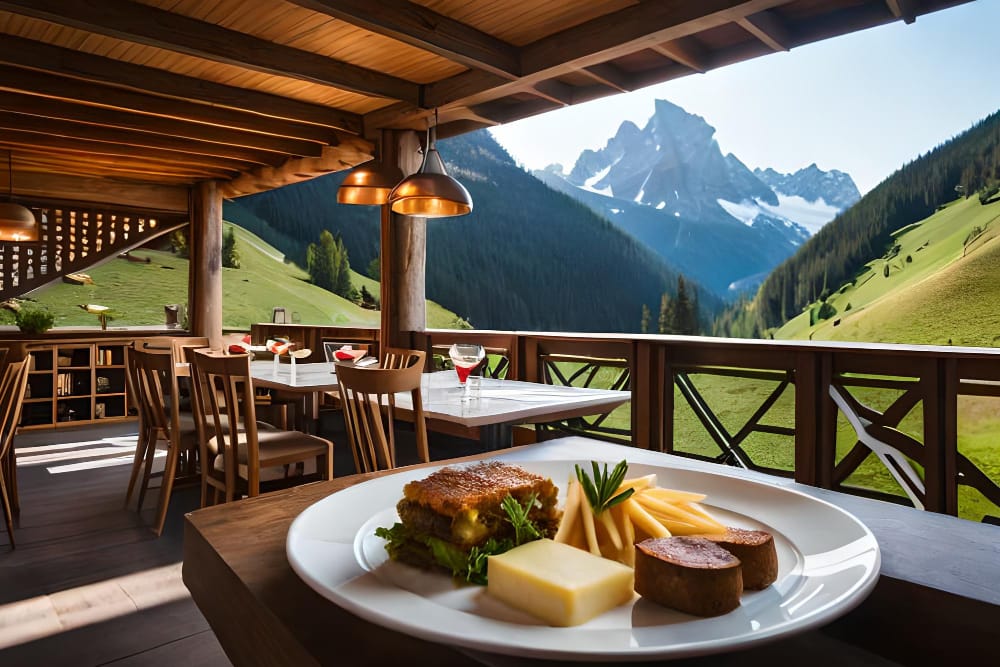 un ristorante con vista sulle montagne sullo sfondo