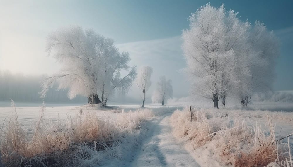frosty winter forest tranquil beauty nature generated by ai
