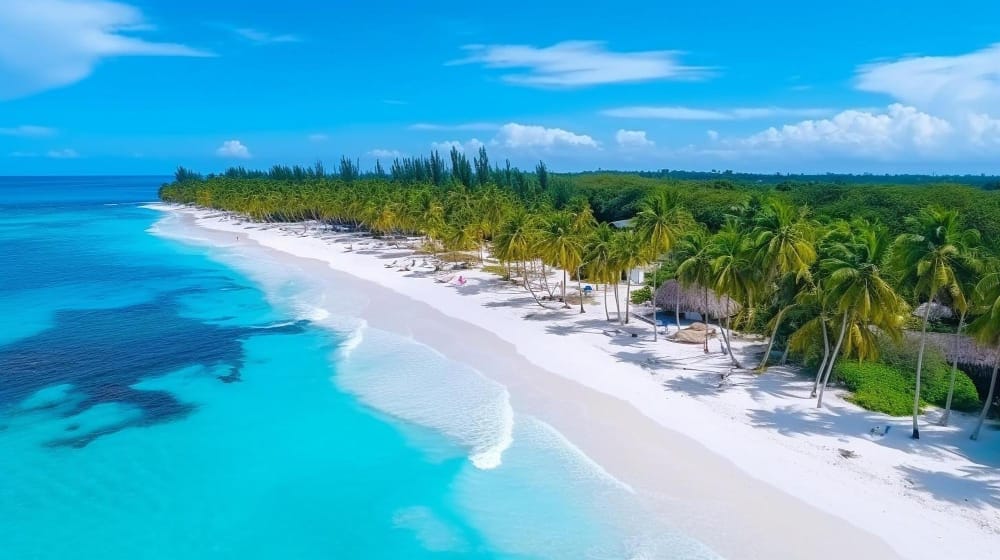 spiaggia con acqua turchese e palme sull isola di saona