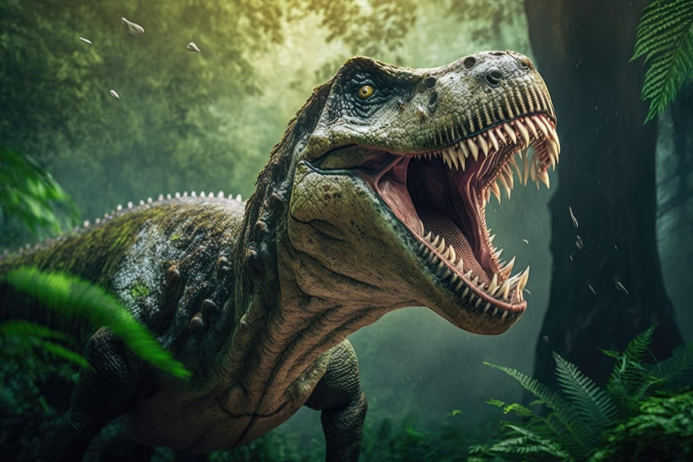 tyrannosaurus rex un teropode dinosauro cretaceo ruggisce in una foresta pluviale