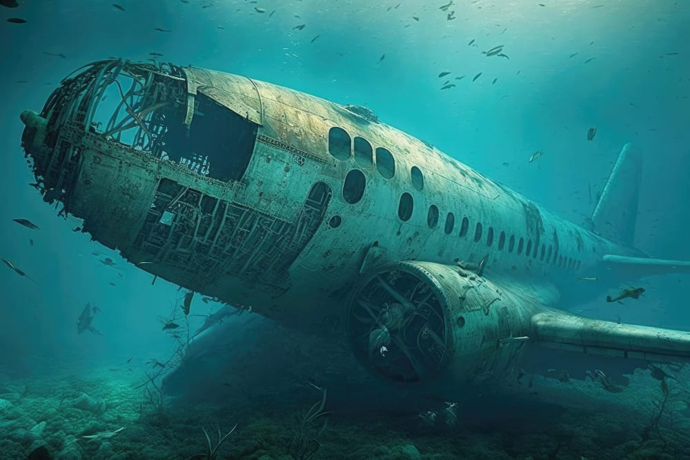 aereo affondato con il suo relitto che giace sul fondo dell oceano