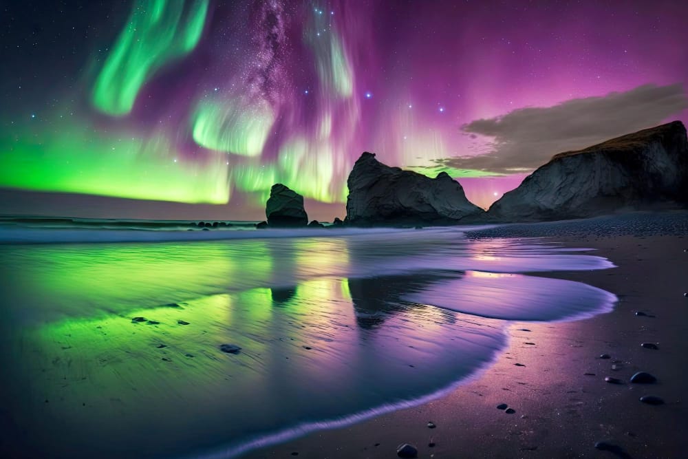 brillanti lampi verde porpora dell aurora boreale nel cielo sopra la spiaggia islandese