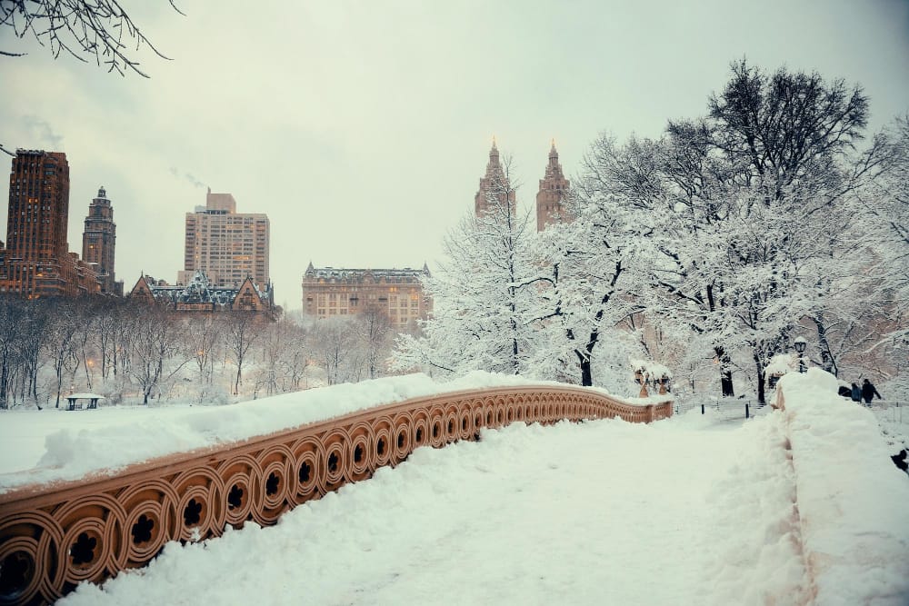 central park inverno con grattacieli e bow bridge new york city