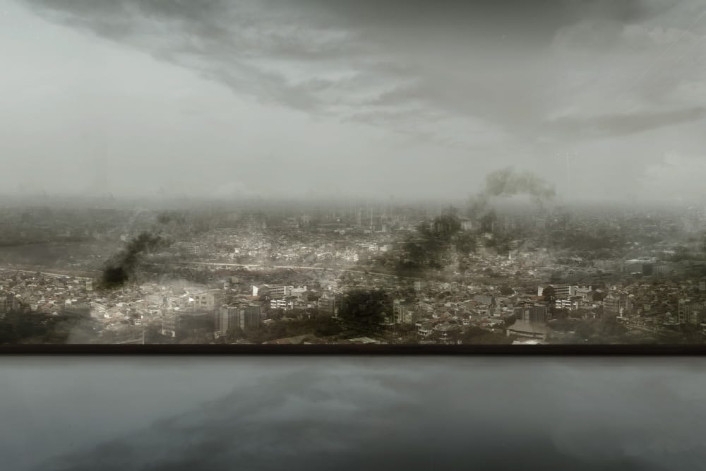 dramatic view cityscape with dark cloudscapes halloween background