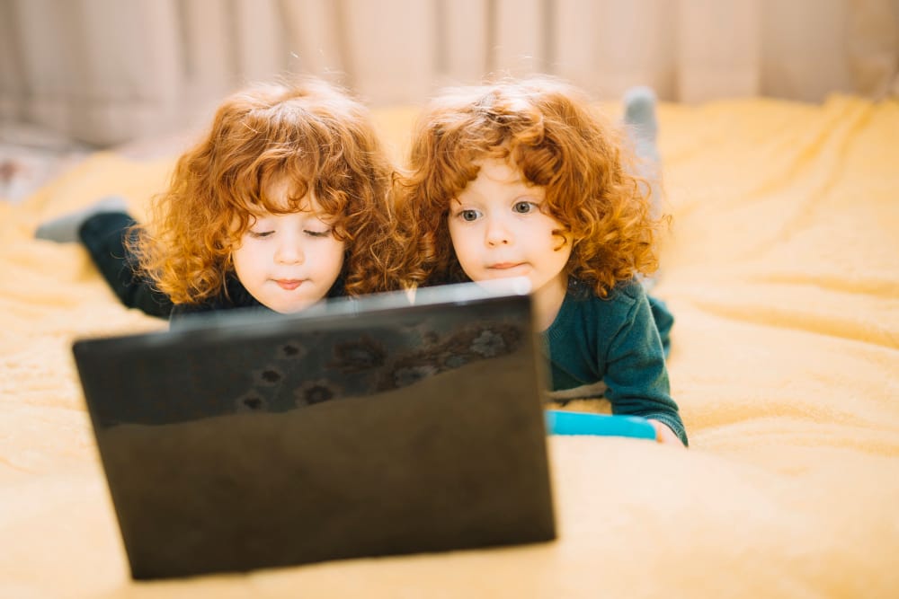 due gemelli sdraiato sul letto guardando portatile