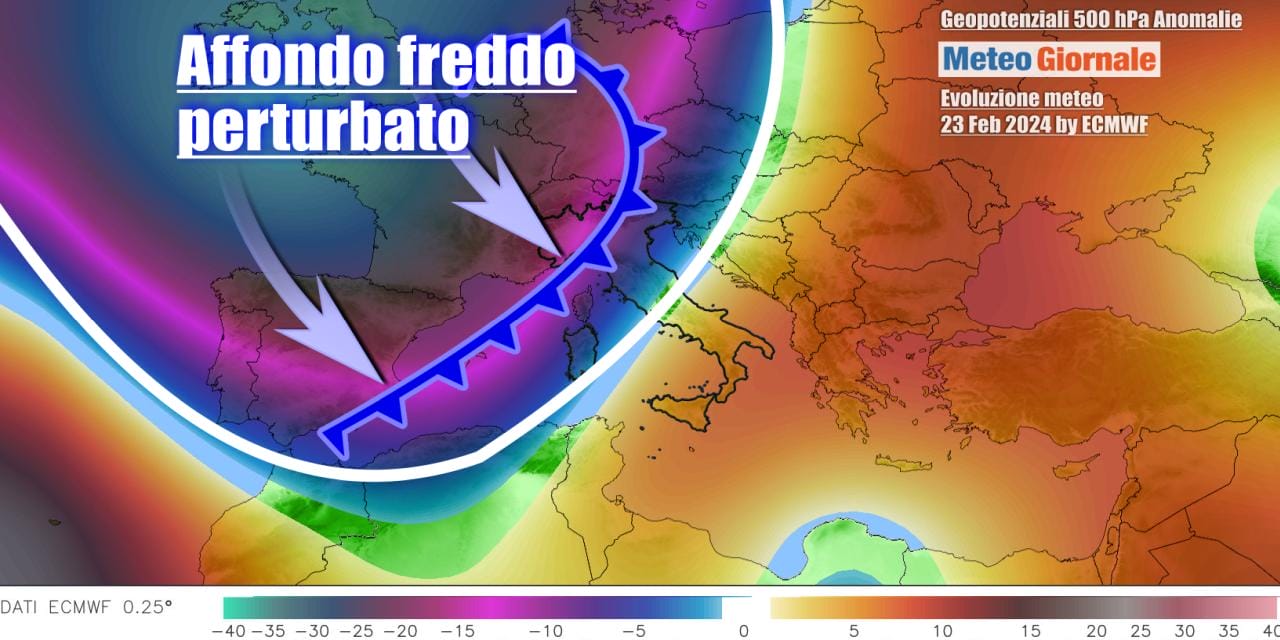 Affondo di una saccatura atlantica, con perturbazioni fredde all'assalto dell'Italia