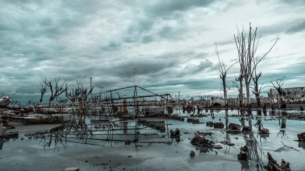 landscape building ruins bare trees water cloudy sky gloomy day