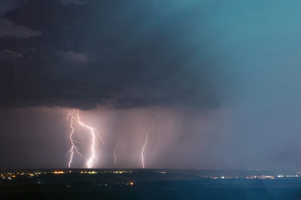 lightning storm city lightning strike dark blue sky night city