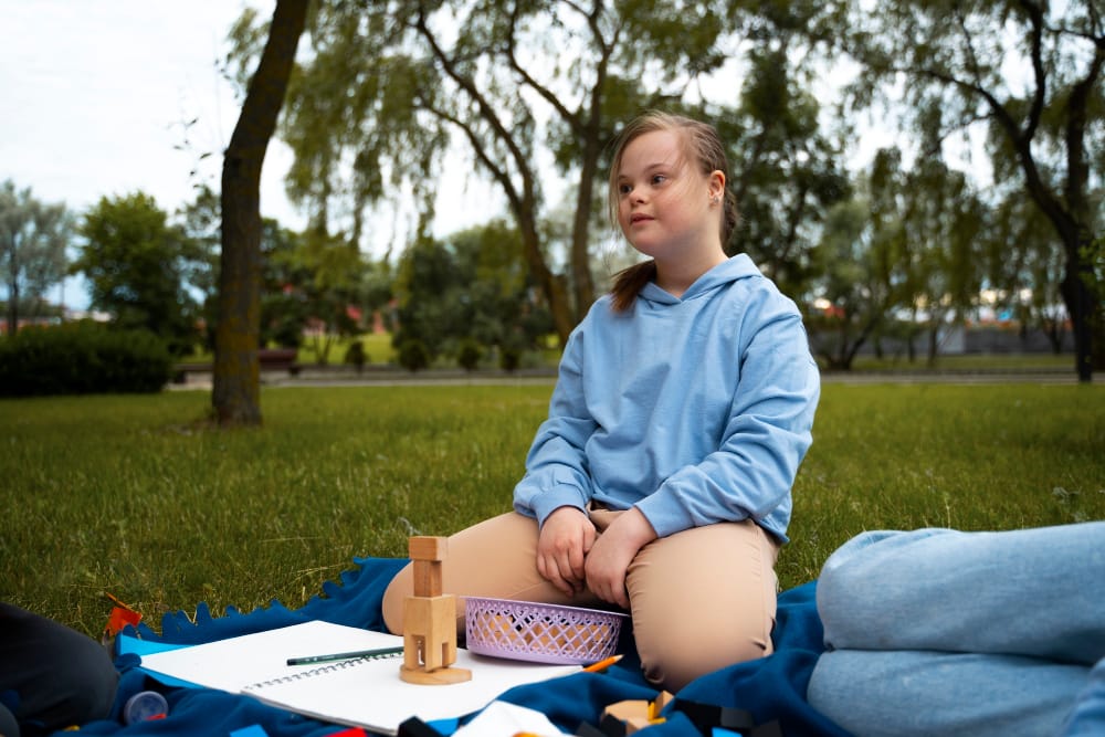 ragazza a tutto campo con sindrome di down nel parco