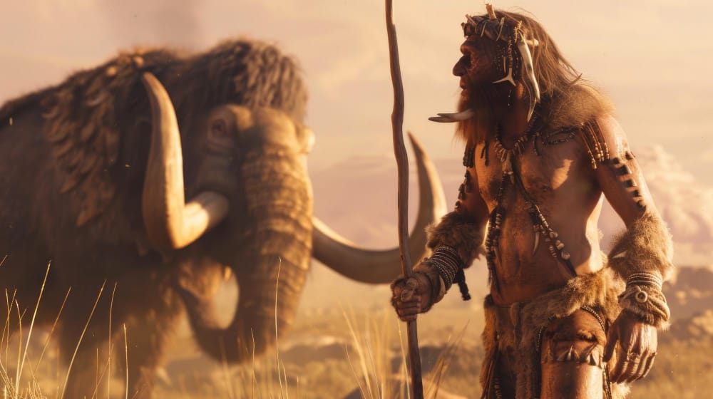 uomo di neanderthal con mammut