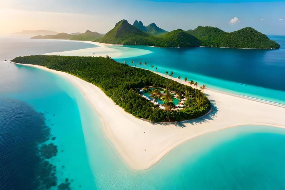 vista aerea di un isola tropicale con una spiaggia e montagne sullo sfondo