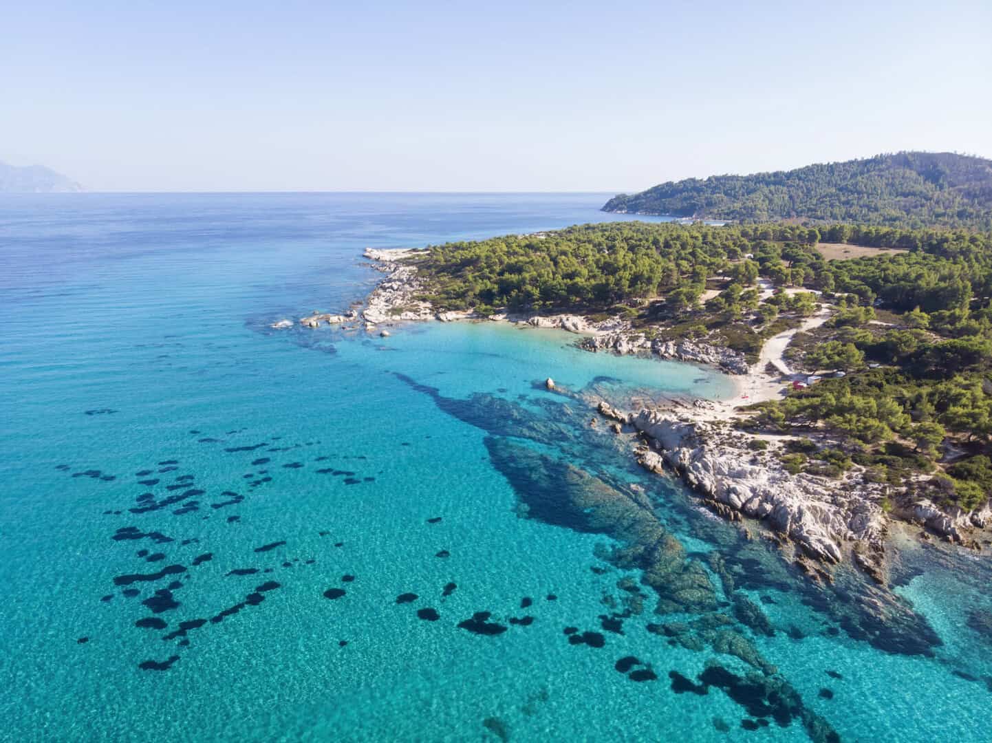 aegean sea coast with blue transparent water greenery around rocks bushes trees view from drone greece scaled