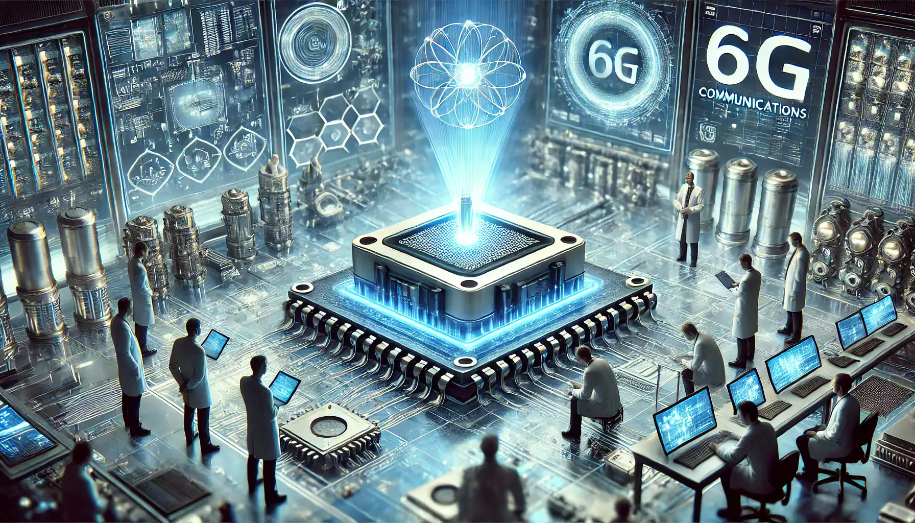 A futuristic research lab with a high tech environment where a group of European scientists observes a new technological device. At the cen