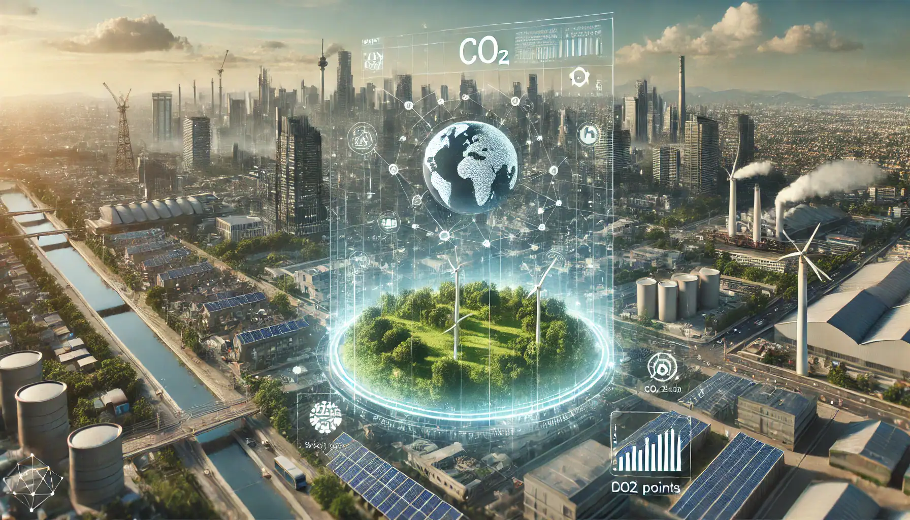 A highly detailed and realistic image capturing the concept of digital technologies contributing to CO2 emissions traceability. The scene features a m