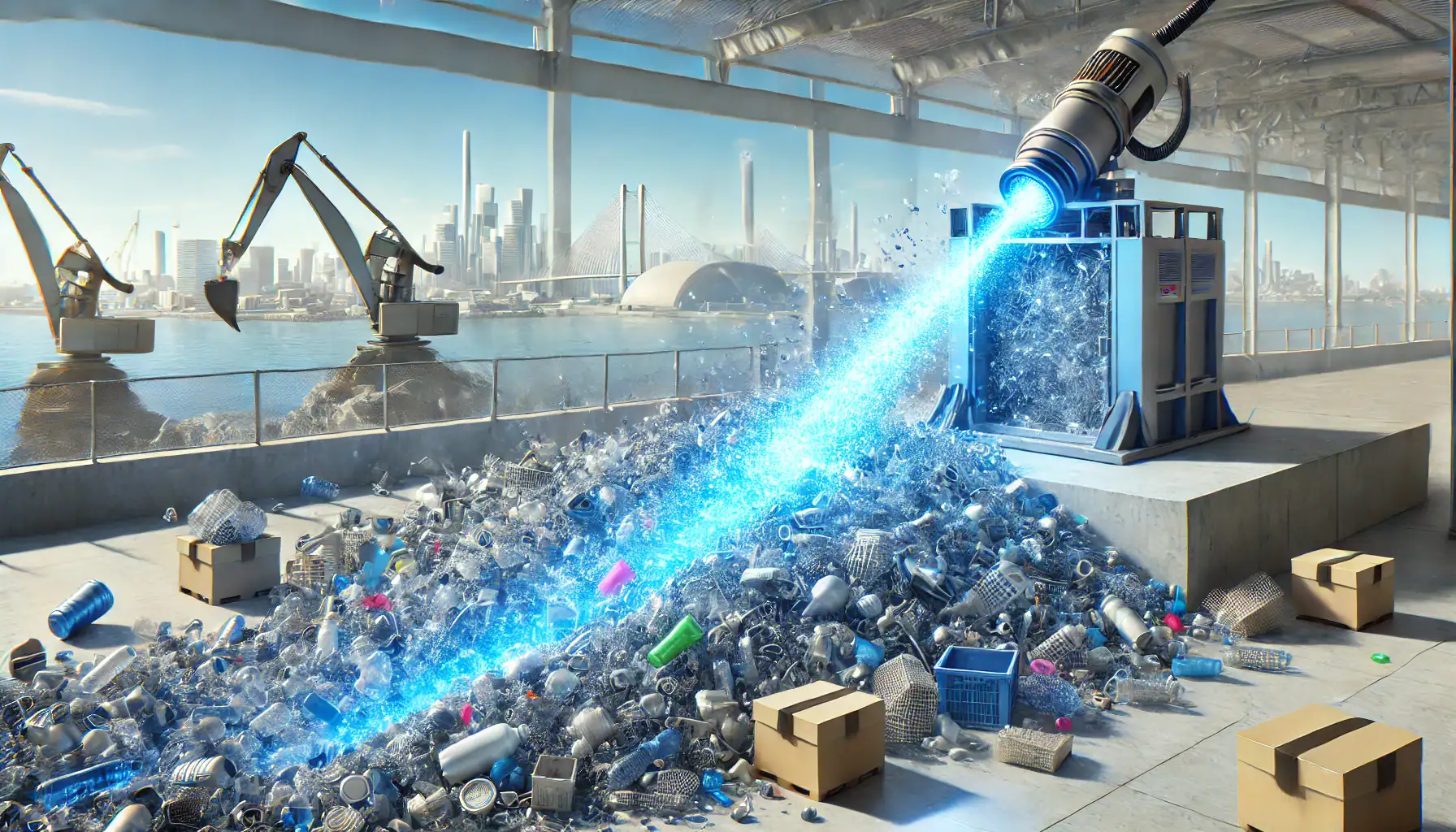 DALL·E 2024 08 26 09.38.05 A highly detailed photorealistic image of a futuristic scene where a powerful blue laser beam is used to break down large piles of plastic waste into