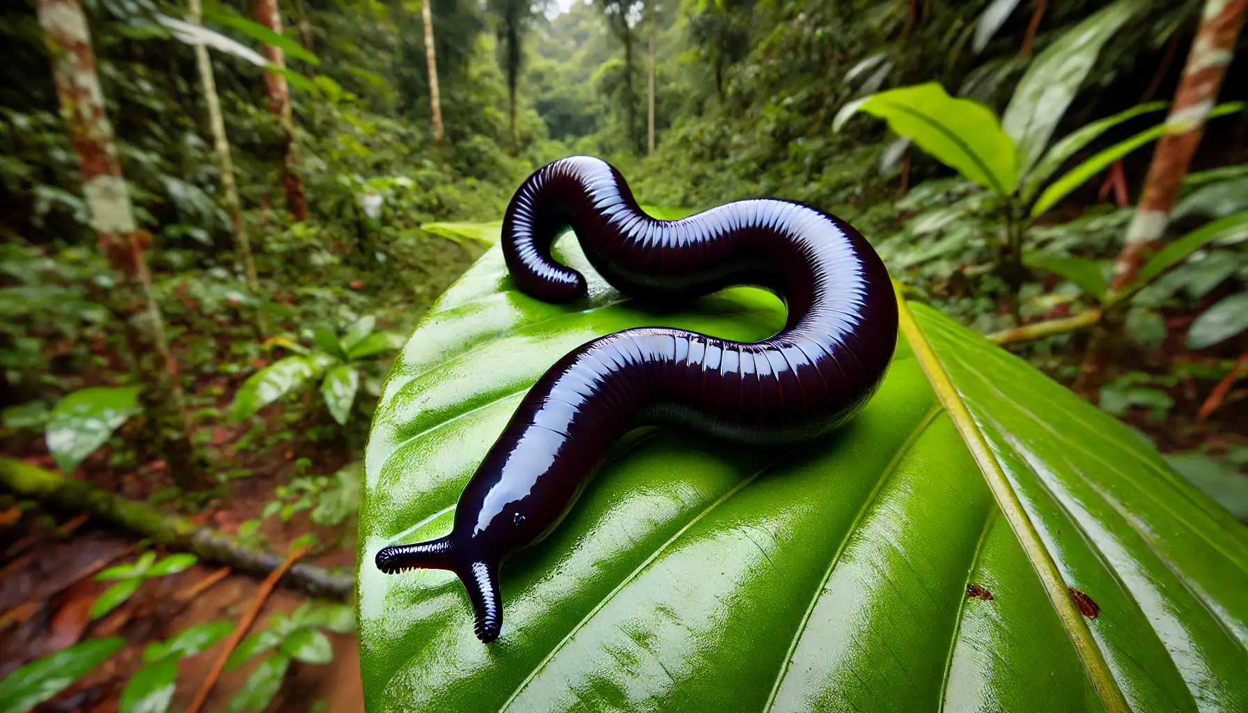 A close up image of a small smooth and glossy velvet worm in a dense Ecuadorian rainforest. The worm closely resembles the one in the prov