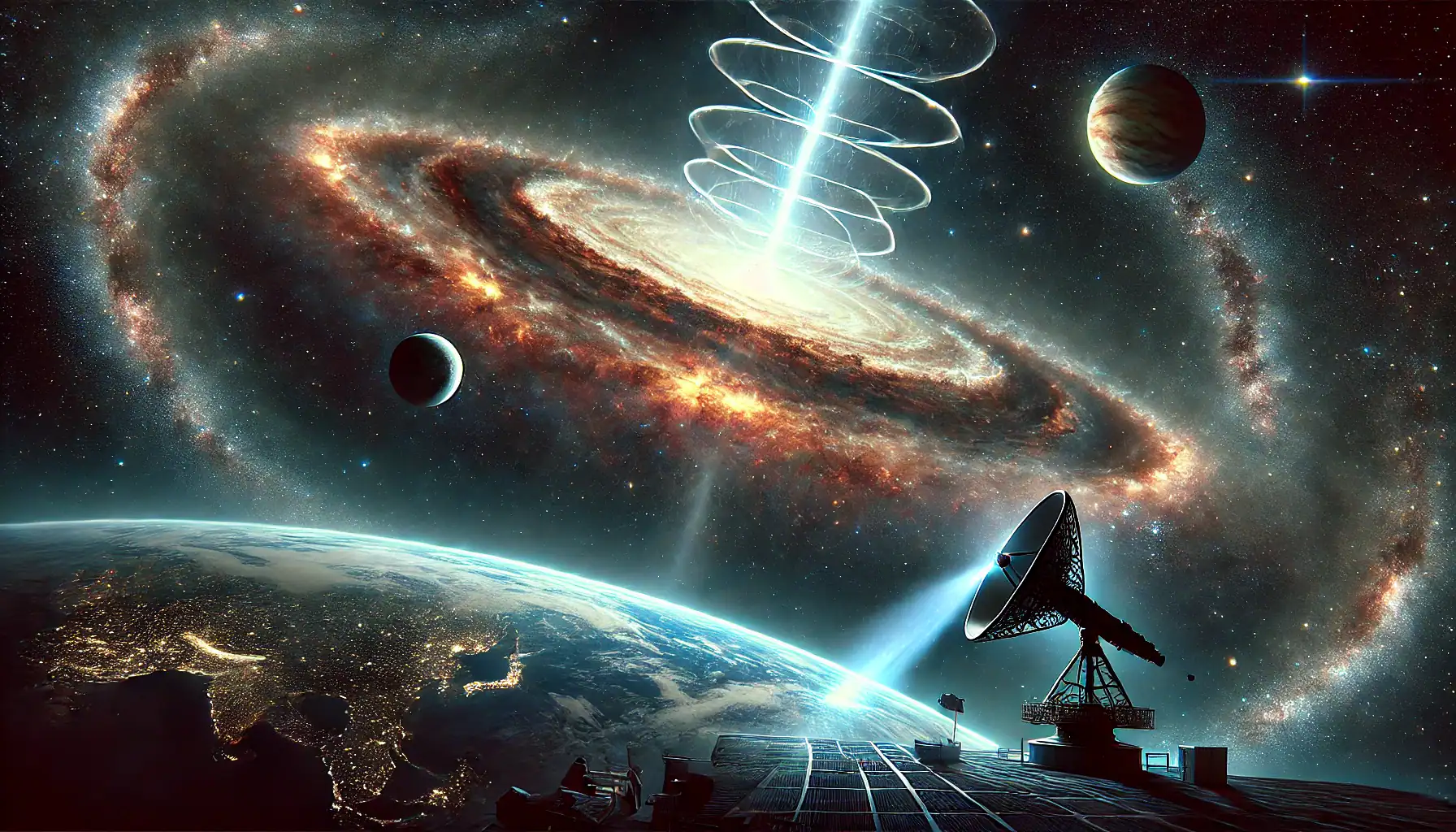 A photorealistic depiction of deep space showing the vastness of the universe. In the bottom left Earth is visible surrounded by the dark void of sp