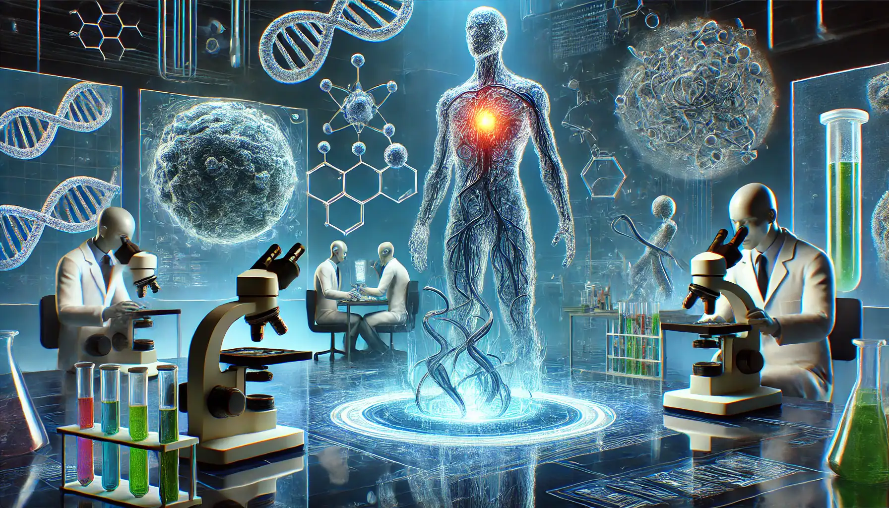 In a high tech synthetic biology laboratory add a humanoid figure working alongside researchers on cells using advanced microscopes and tes