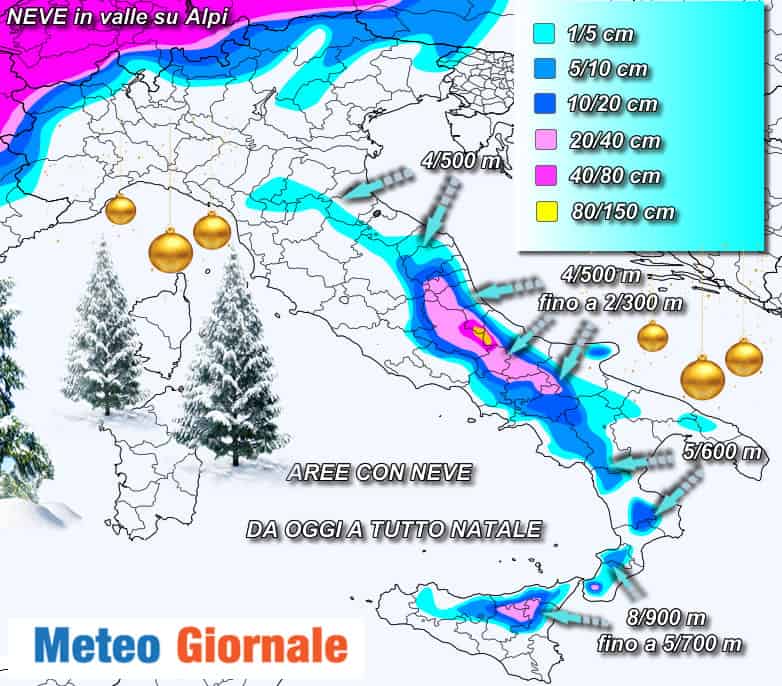 Tutta la neve da oggi a Natale: dove, quote e accumuli con mappa