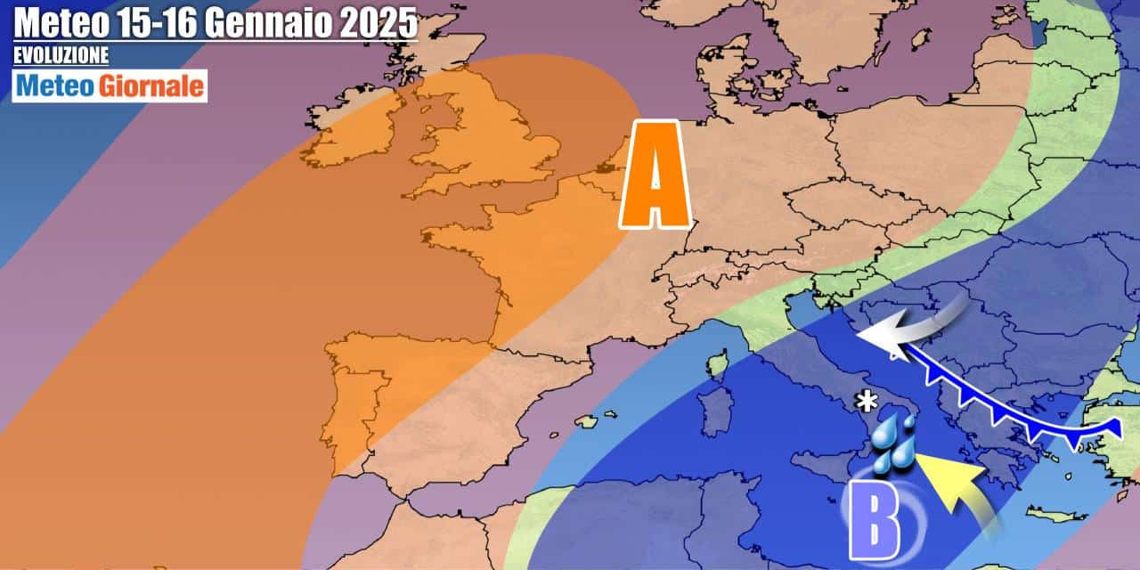 Anticiclone in Europa e vortice sull'Italia