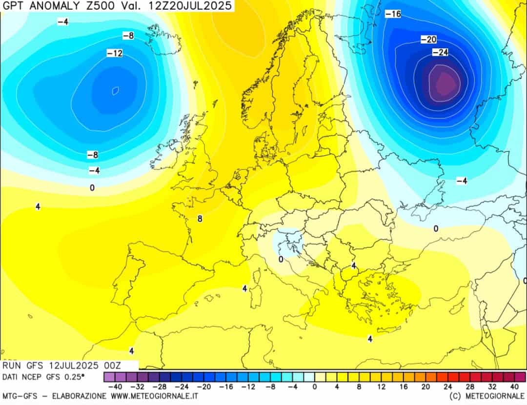 Anomalie geopotenziali 500 hPa 20 luglio