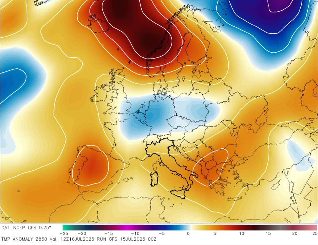 Anomalie temperature 850 hpa 16 luglio