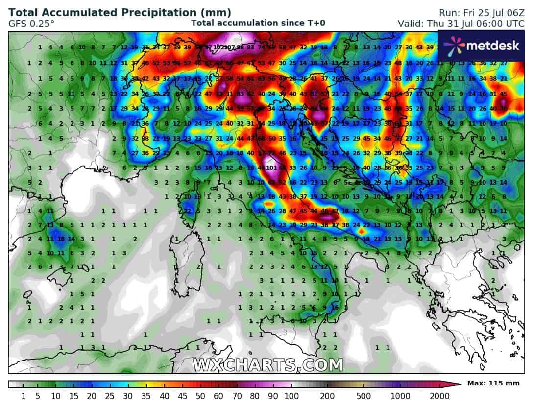 Piogge cumulate al 31 luglio