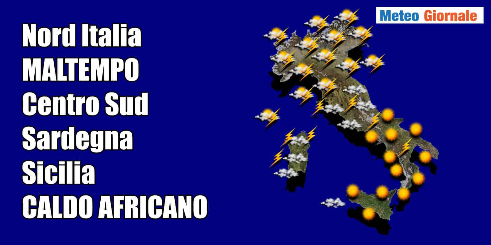 Meteo, perturbazione di forte intensità al Nord, caldo estremo al Centro Sud
