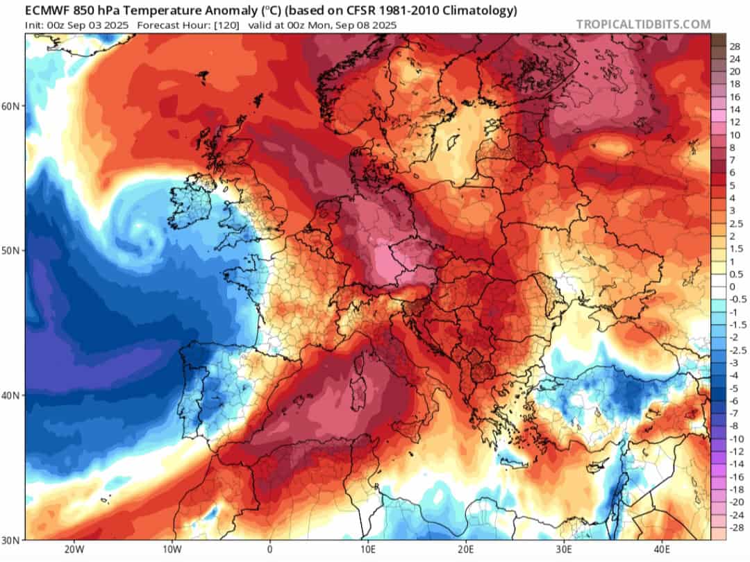Anomalie temperature 850 hpa 8 settembre