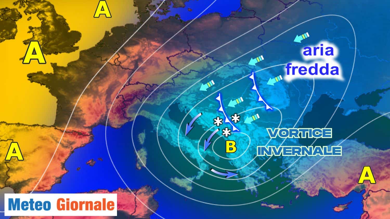 Irruzione di aria fredda su Centro Est Europa. Neve sotto i 1000 m su queste aree